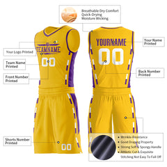 Custom Reversible Yellow Basketball Uniform Personailzed Printed Athletic Sports Shirts Mesh Jersey