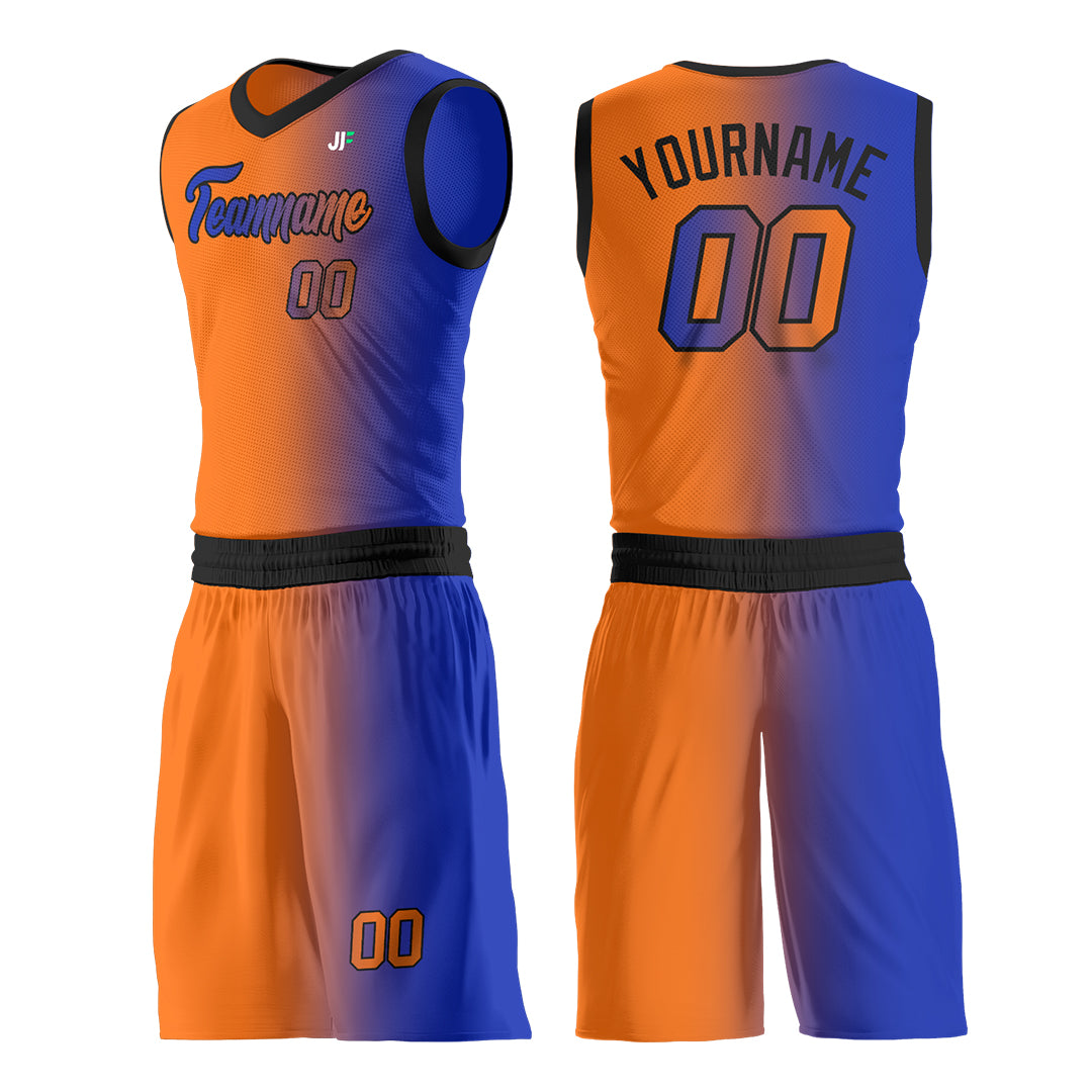 Custom Fade Orange Navy Basketball Team Uniform Print Athletic V Neck Mesh Jersey