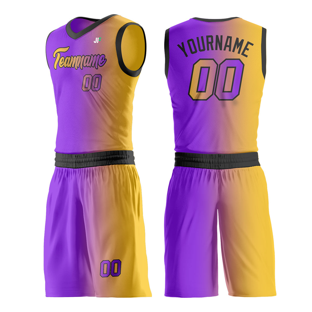 Custom Fade Purple Yellow Basketball Team Uniform Print Athletic V Neck Mesh Jersey