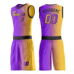 Custom Fade Purple Yellow Basketball Team Uniform Print Athletic V Neck Mesh Jersey