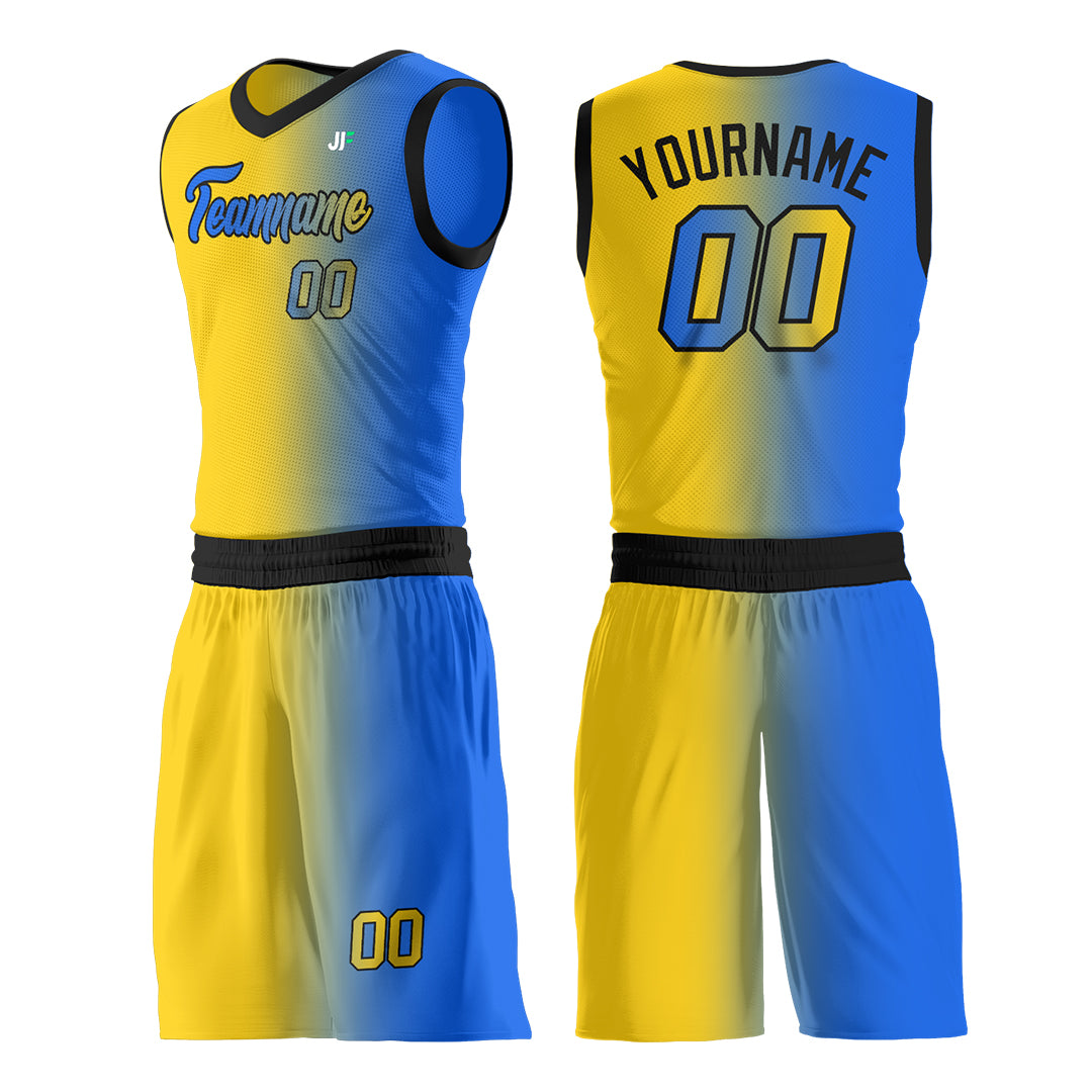 Custom Fade Yellow Blue Basketball Team Uniform Print Athletic V Neck Mesh Jersey