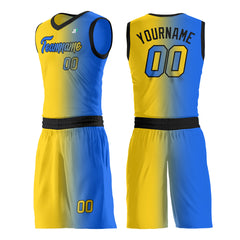 Custom Fade Yellow Blue Basketball Team Uniform Print Athletic V Neck Mesh Jersey