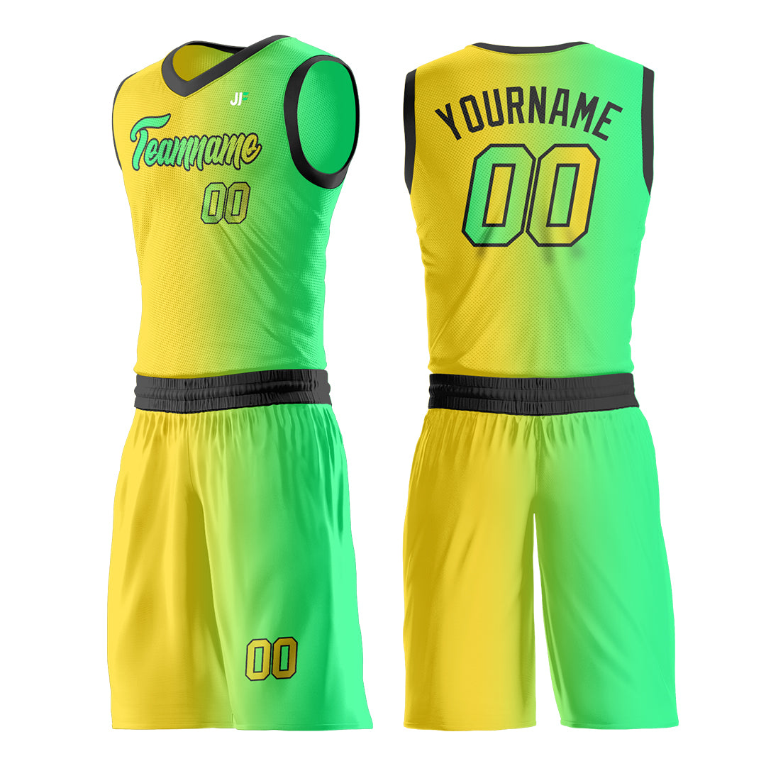 Custom Fade Yellow Green Basketball Team Uniform Print Athletic V Neck Mesh Jersey