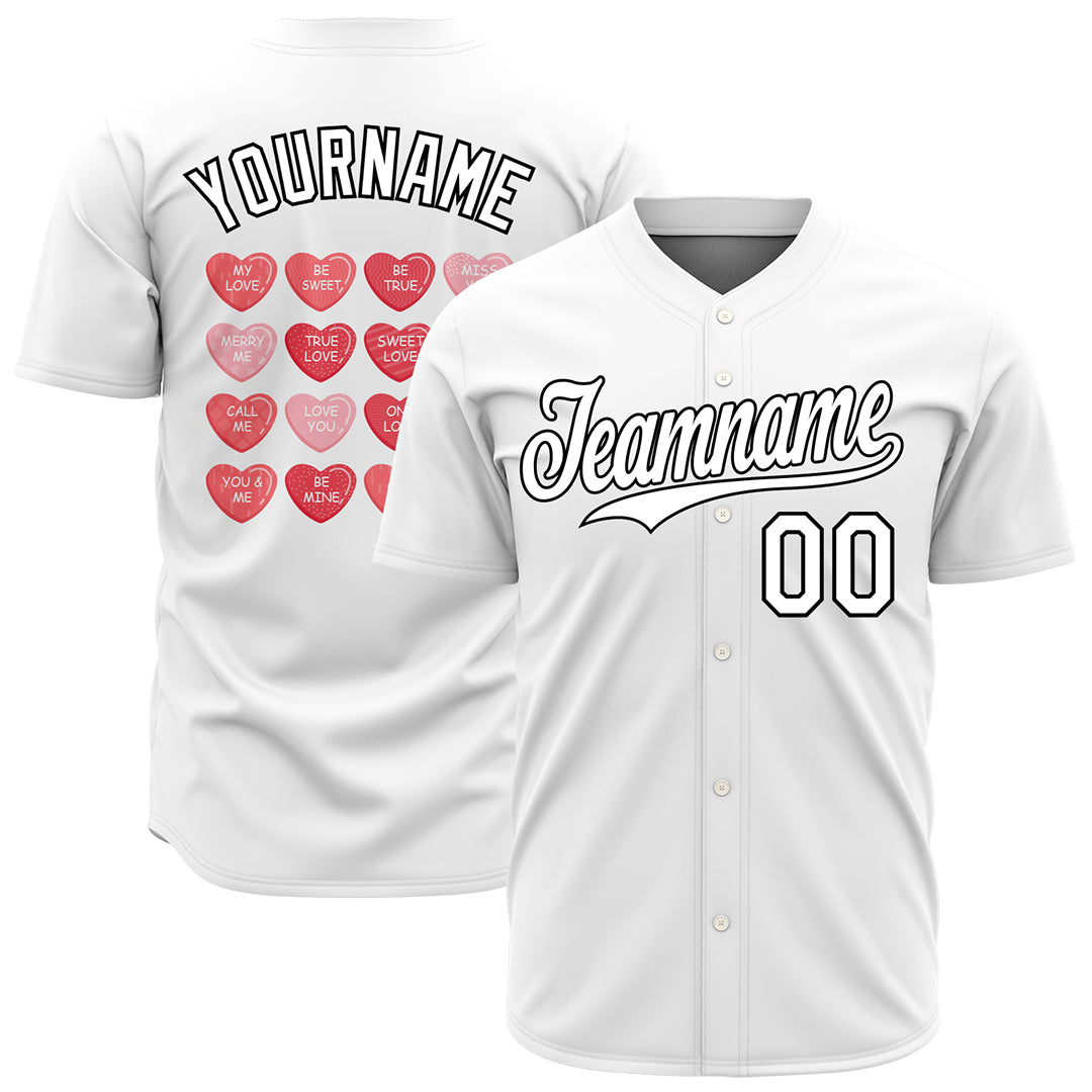 Custom White Valentine's Day Baseball Jersey Fans Special Edition Authentic Full Button Down Shirt