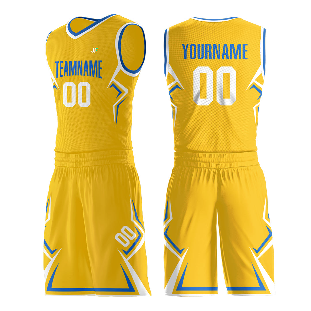 Custom Yellow Basketball Uniform Print Name Number Athletic V Neck Mesh Jersey Design Your Own